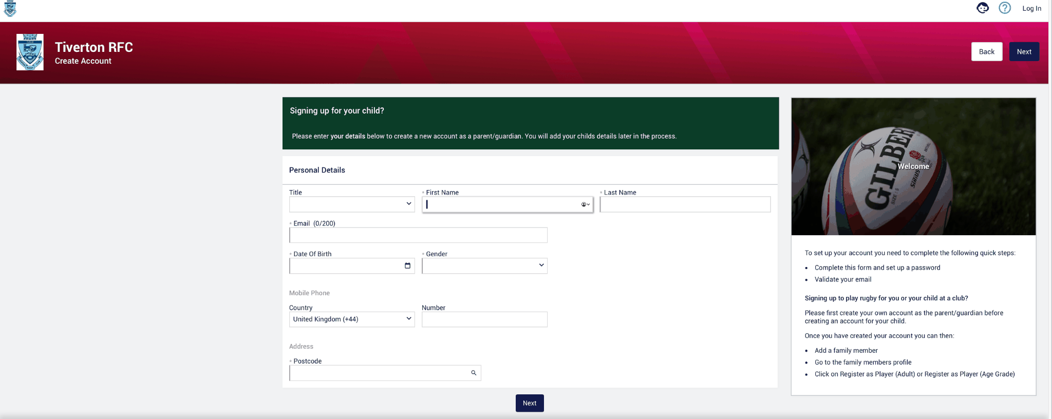 Account creation form