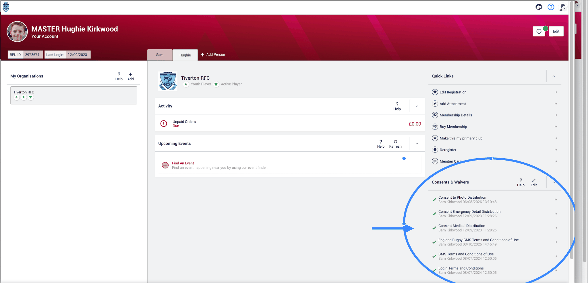 Consents and waivers on the dashboard