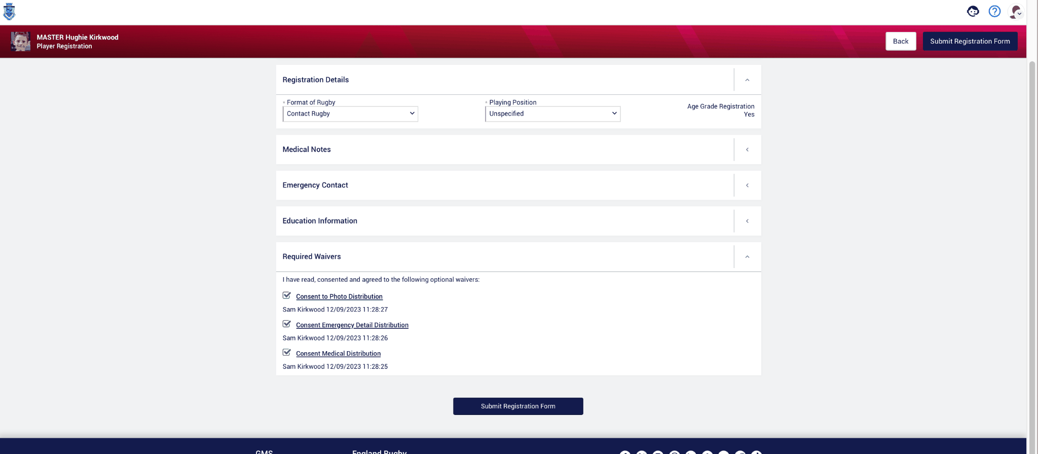 Waivers on the registration form